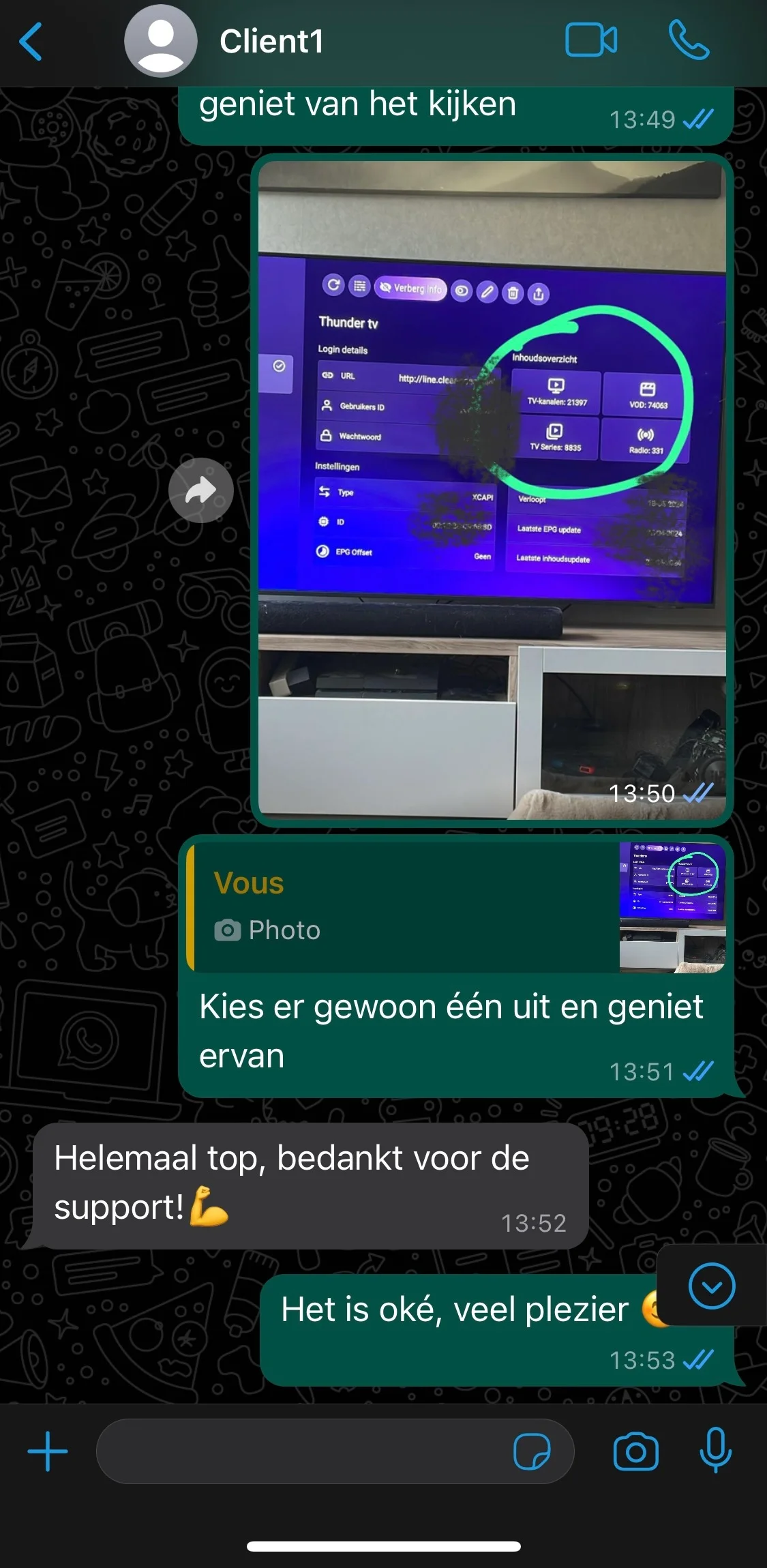 WhatsApp-beoordeling van een tevreden IPTV-klant