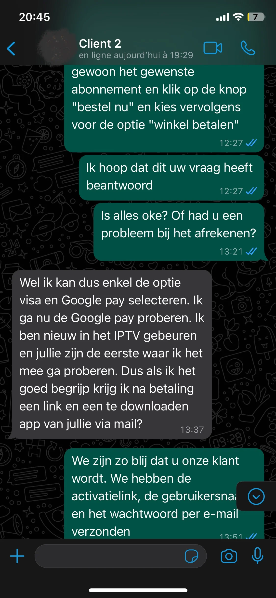 WhatsApp-beoordeling over bestelling en activering
